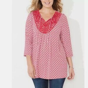 Catherines Plus Red Crochet Trim Peasant Top Blouse Tunic Size 2X. 22/24 Relaxed